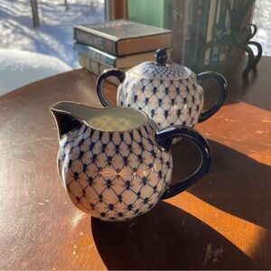 Blue and White Net Bone China Creamer and Sugar Russian Porcelain Lomonosov